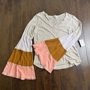 NWT Free People Tea Combo Long Bell Sleeve V Neck Top Blouse Colorblock Women M